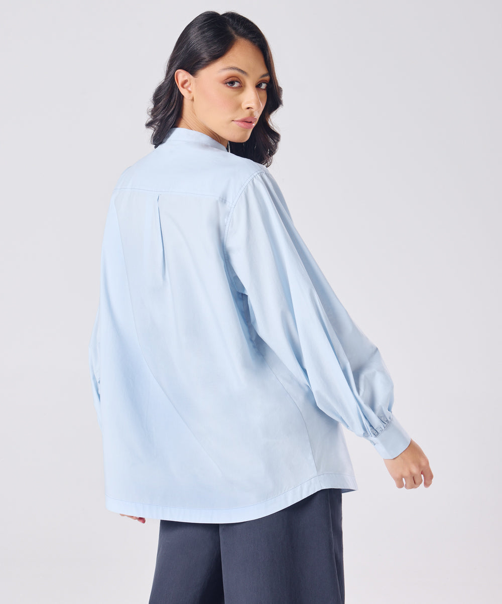 Mandarin  Collar Cotton Oversized Shirt- Baby Blue