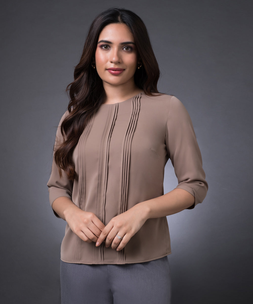 Front Pintuck Long Sleeve Brown Top