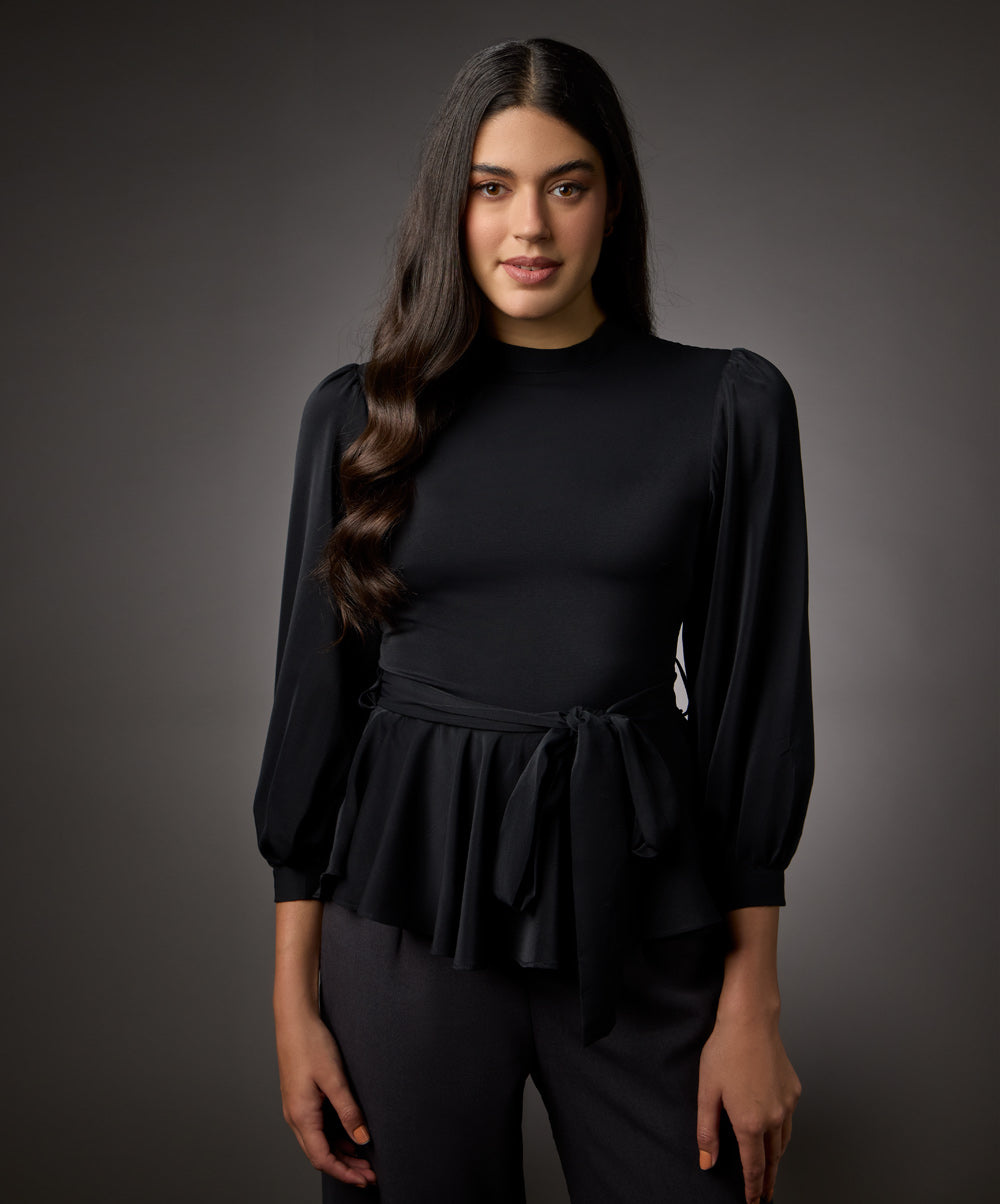 Bishop Sleeve Belted Peplum Top-Black