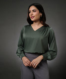 Vneck Shoulder Pleated Green Top