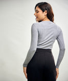 Long Sleeve Round Neck Rib Top- Light Grey