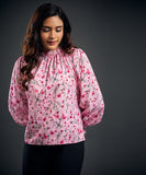 Neck Detailed Long Sleeve Pink Satin Smocked Top