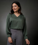 Vneck Shoulder Pleated Green Top