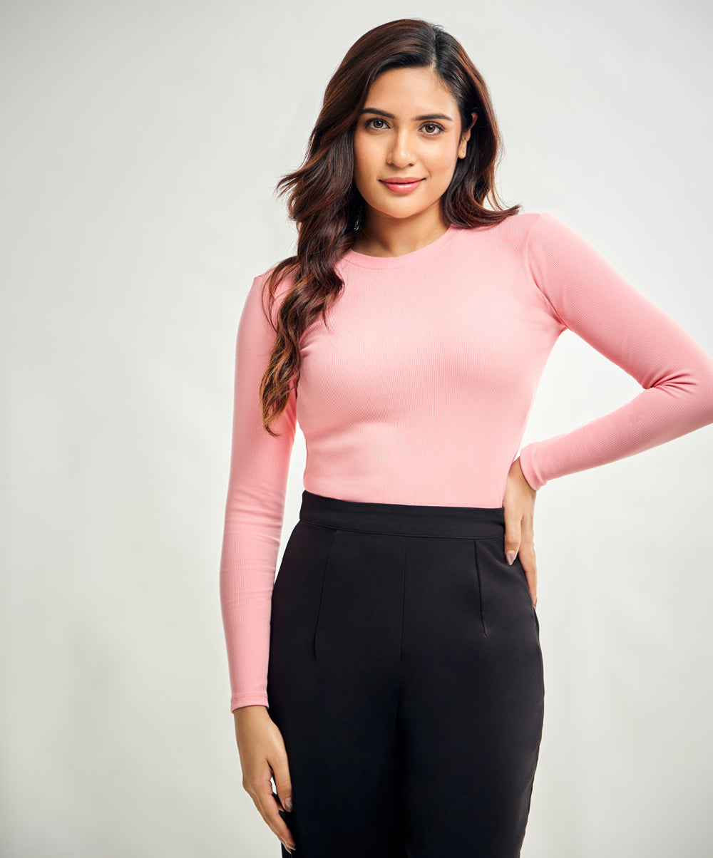 Long Sleeve Round Neck Rib Top- Peach Pink