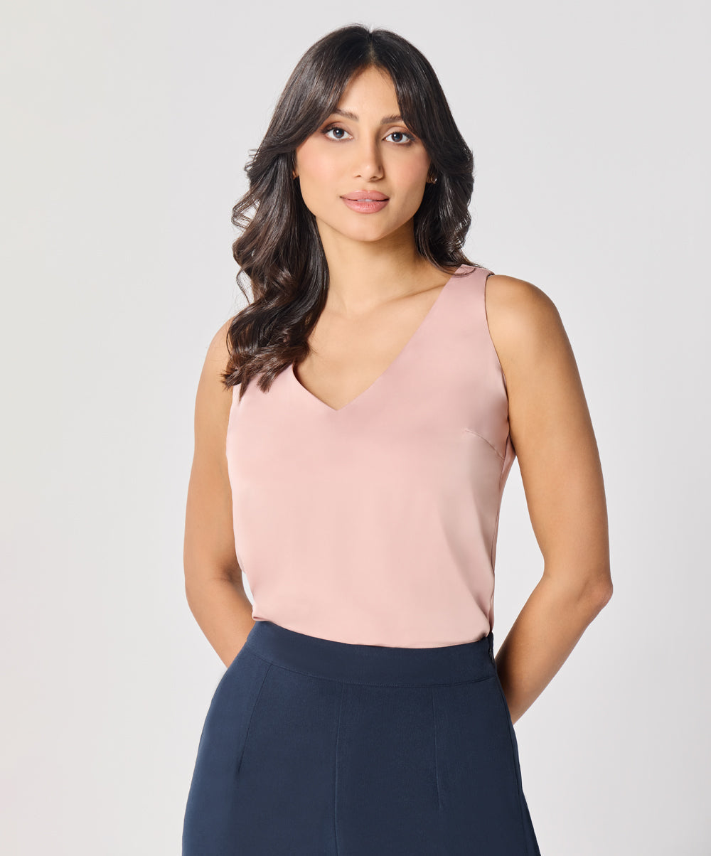 Sleeveless Vneck Satin Top -Beige