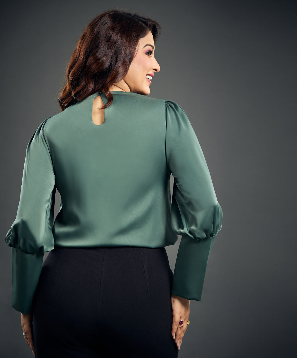 Cuff Detailed Green Satin Top