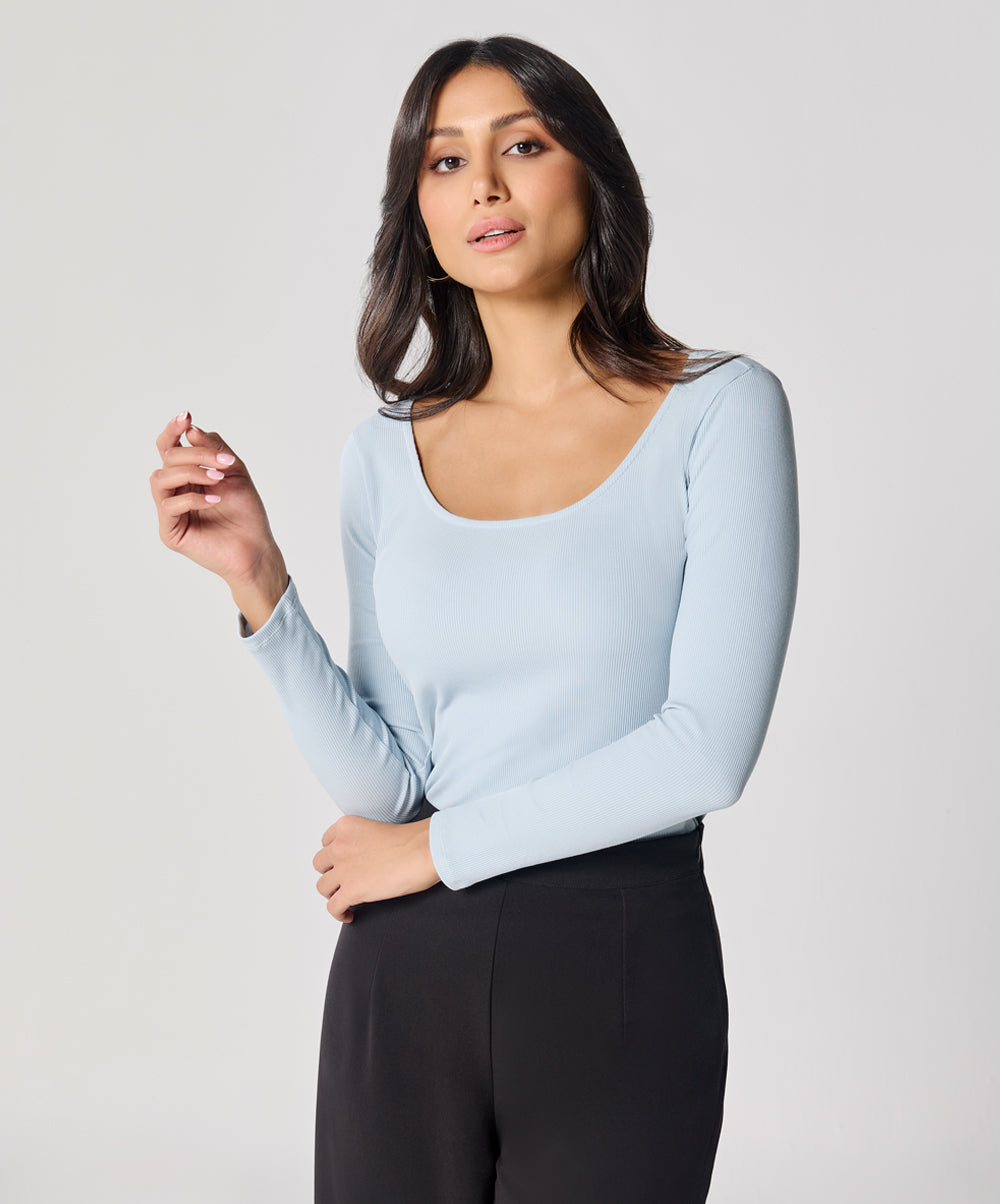 Long Sleeve Pale Blue Rib Top