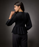 Bishop Sleeve Belted Peplum Top-Black