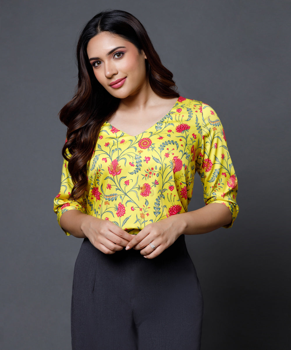 Yellow Printed Half Sleeve Vneck Top