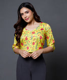 Yellow Printed Half Sleeve Vneck Top