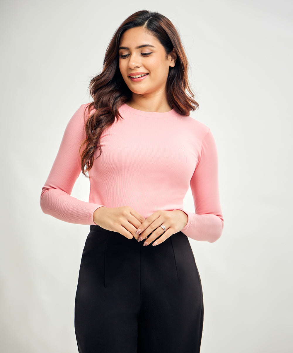 Long Sleeve Round Neck Rib Top- Peach Pink