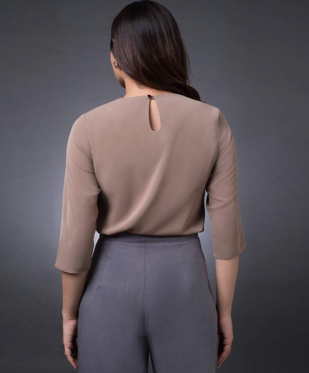 Front Pintuck Long Sleeve Brown Top