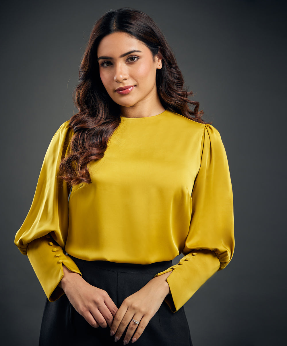 Cuff Detailed Yellow Satin Top