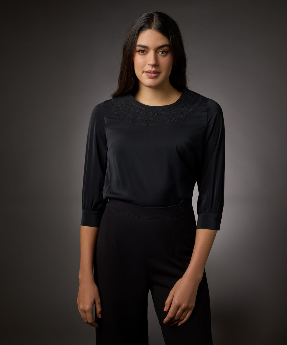 Neck Embroidered Half Sleeve Top-Black