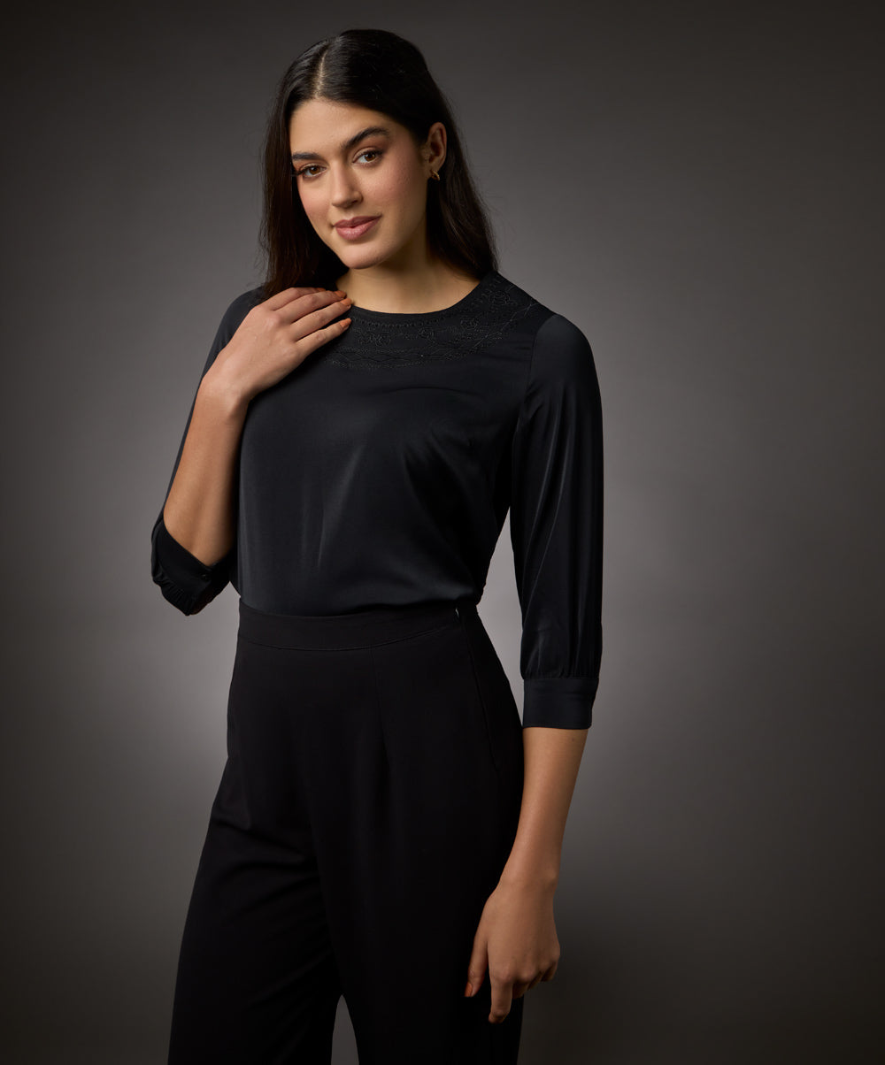 Neck Embroidered Half Sleeve Top-Black