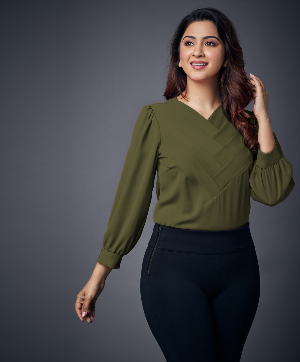 Side Pleated Solid Chiffon Olive Top