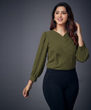 Side Pleated Solid Chiffon Olive Top