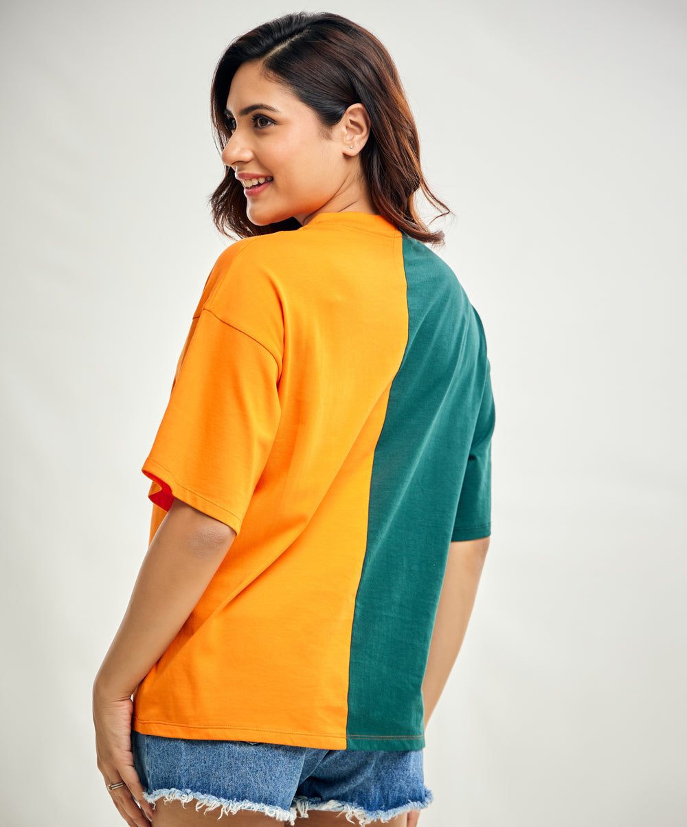 Green And Orange Contrast Oversized Tshirt