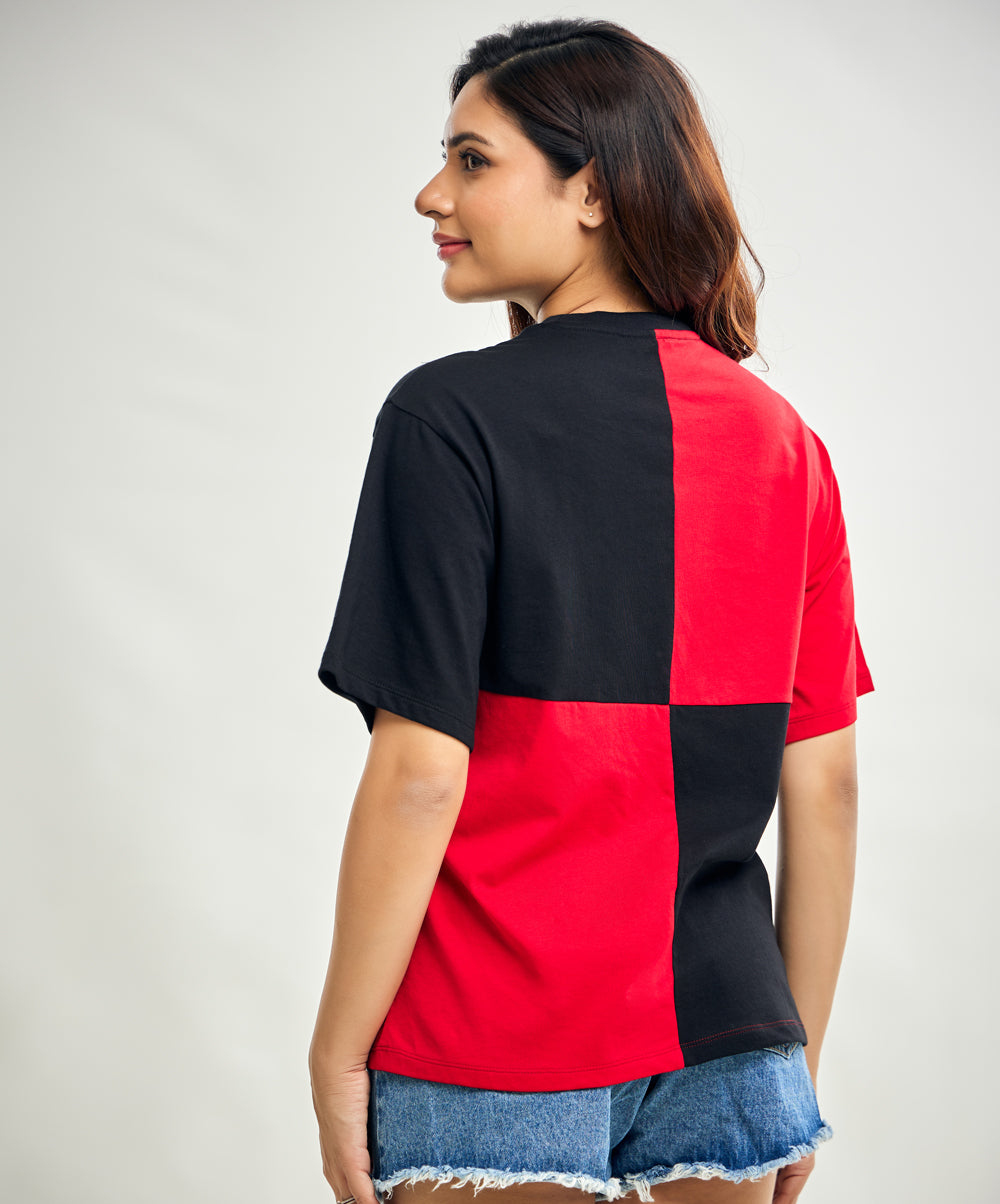 Red And Black Detailed Oversized Tshirt