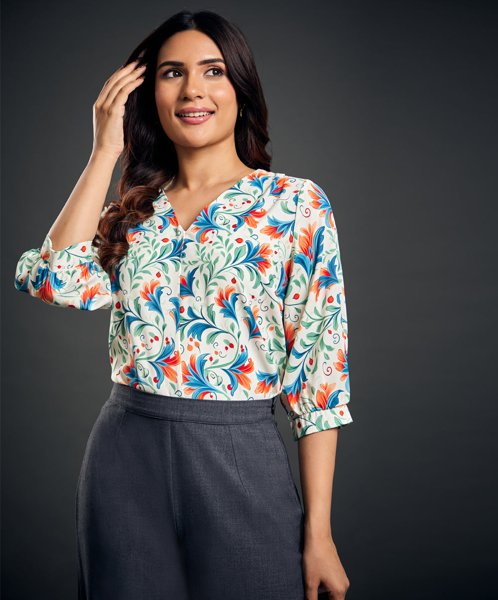 Vneck Printed Top With Buttons