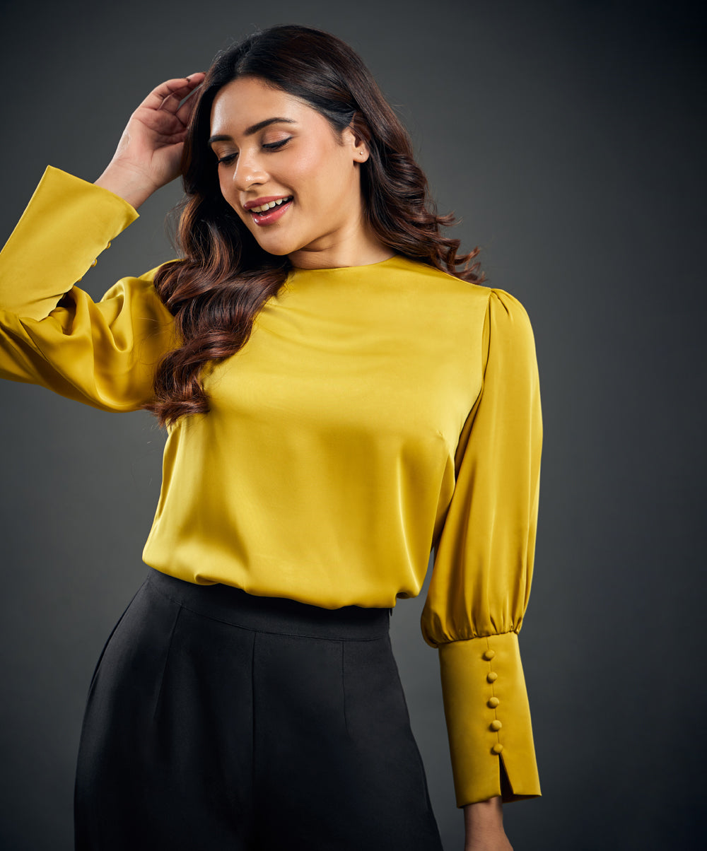 Cuff Detailed Yellow Satin Top