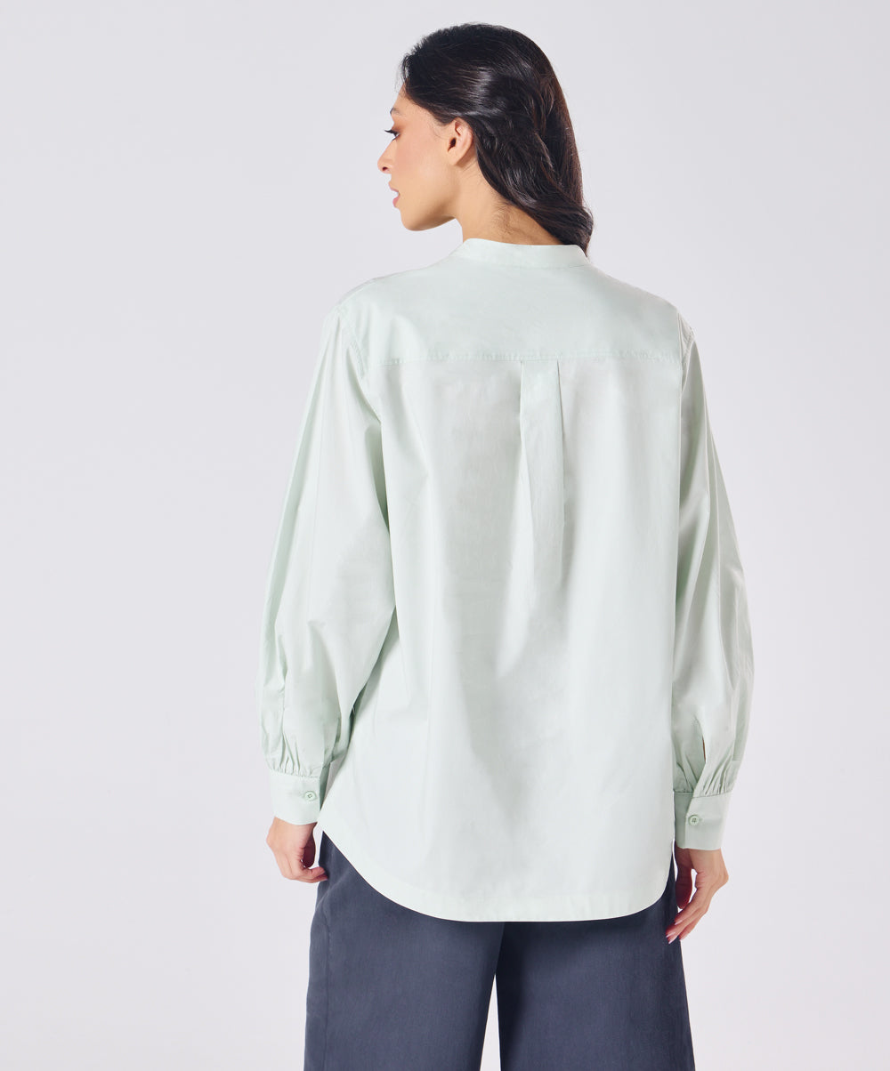 Mandarin  Collar Cotton Oversized Shirt- Pastel Green