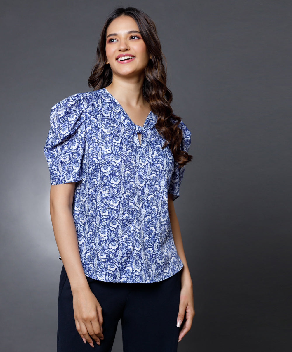 Long Sleeve Chiffon Blue Vneck Top