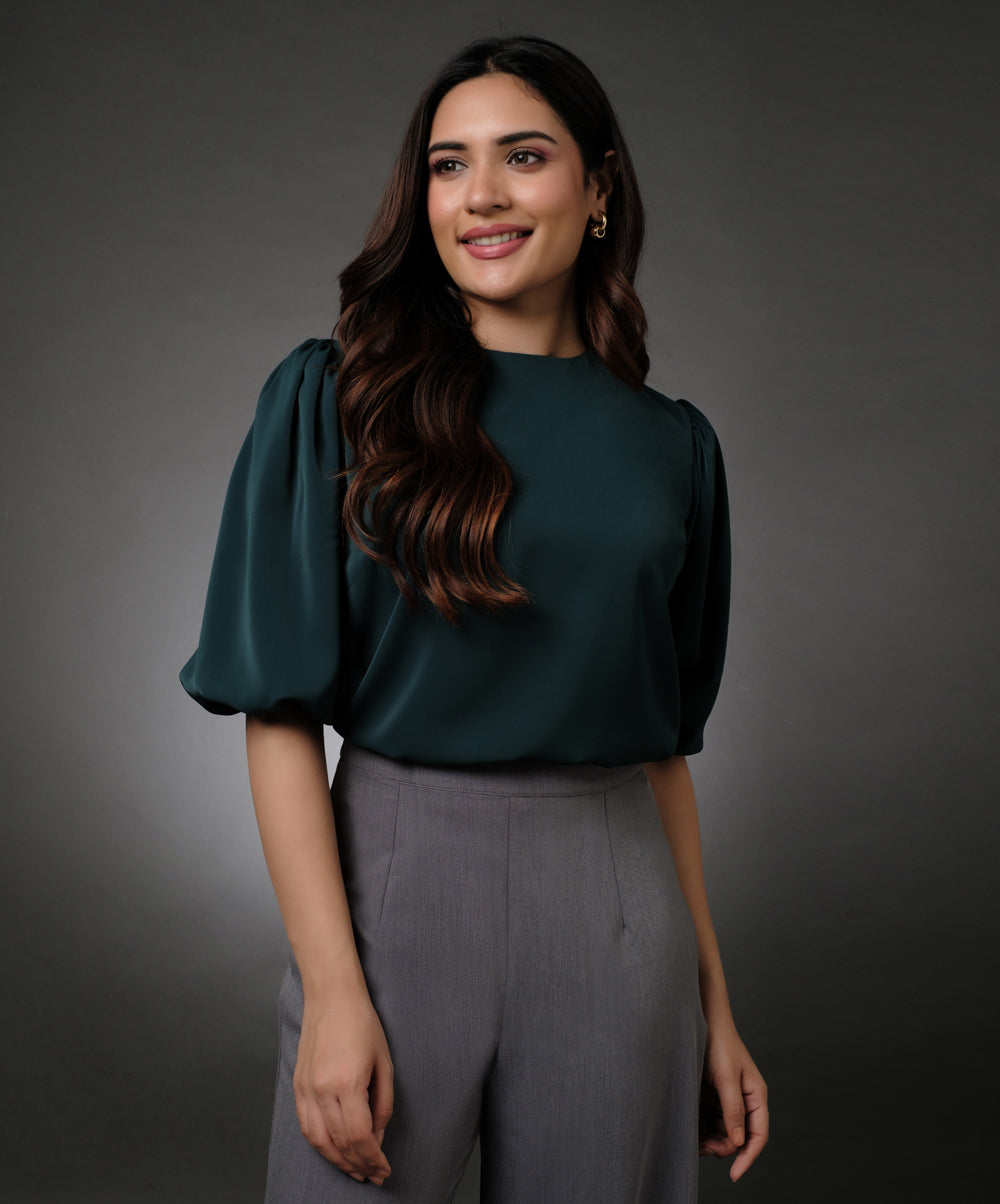 Round Neck Dark Green Sleeve Elasticated Top