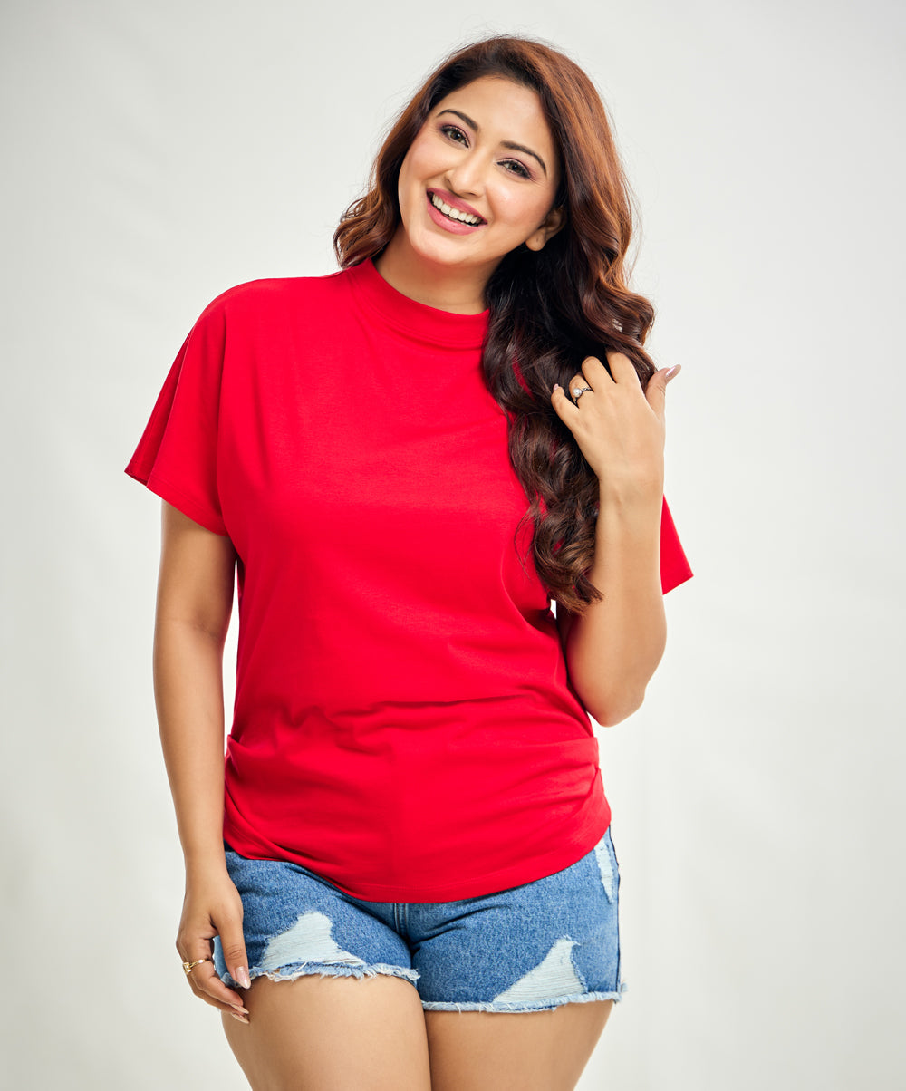 Side Gathered Crew Neck Tshirt - Red