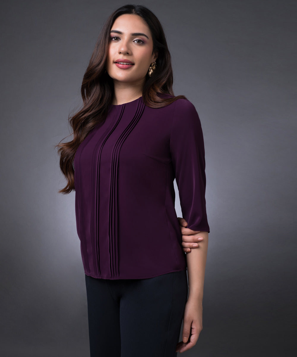 Front Pintuck Long Sleeve Purple Top