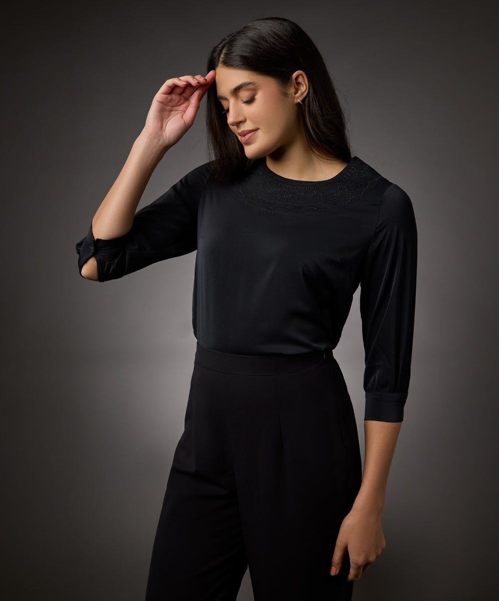 Neck Embroidered Half Sleeve Top-Black