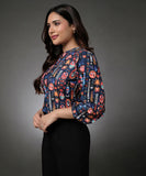 Long Sleeve Round Neck Printed Navy Chiffon Top