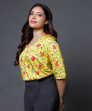 Yellow Printed Half Sleeve Vneck Top