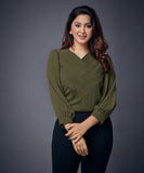 Side Pleated Solid Chiffon Olive Top