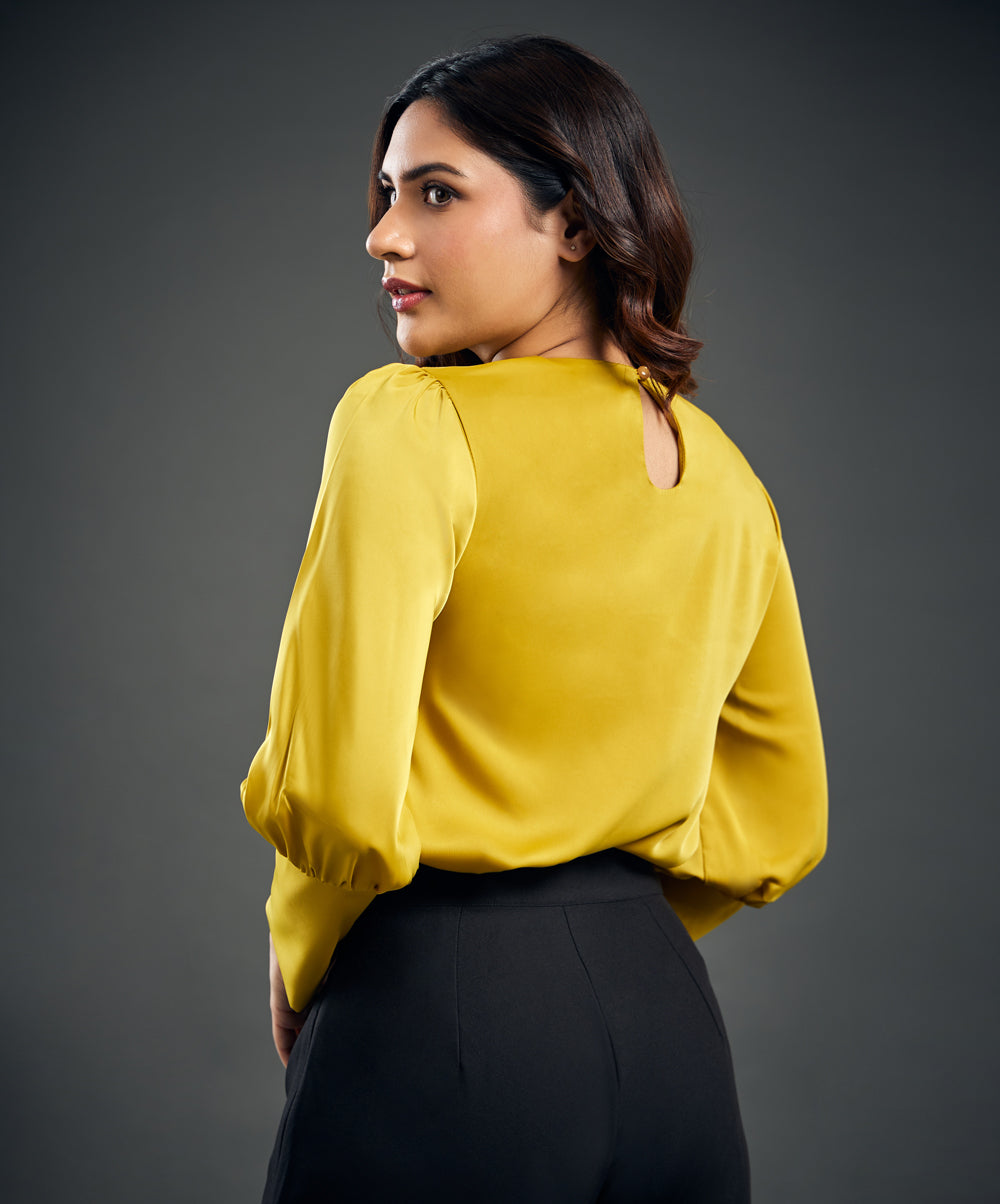 Cuff Detailed Yellow Satin Top