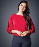 Buckle Attached Solid Chiffon Red Top