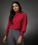 Neck Pleated Red Top With A Sleeve Cuff