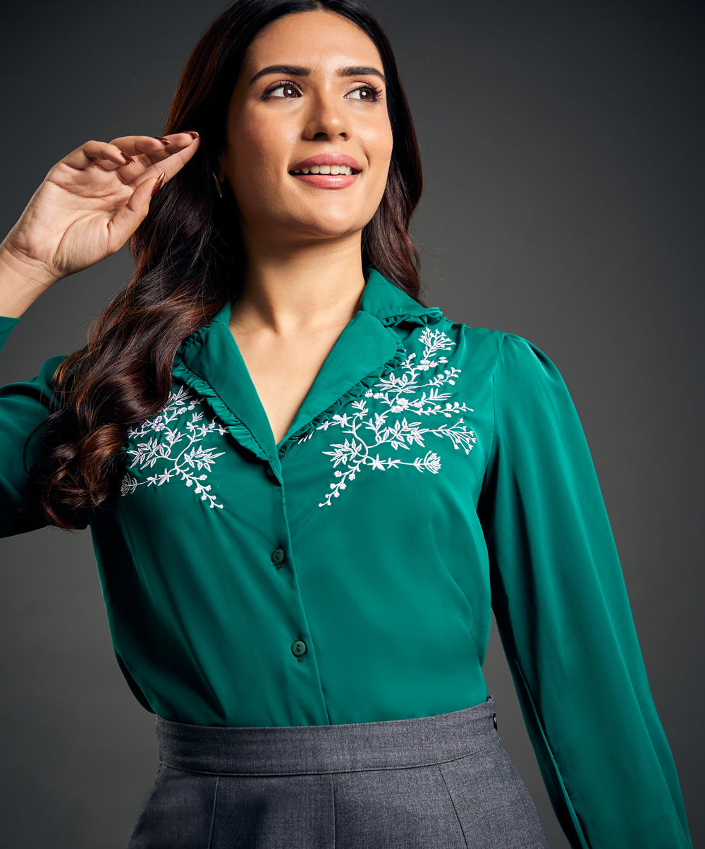 Retro Floral Embroidery Frill Trim Shirt