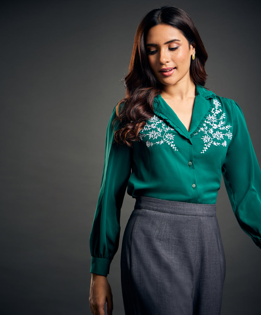 Retro Floral Embroidery Frill Trim Shirt