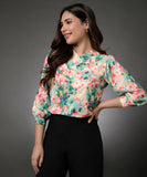 Printed Detailed Pleating Attached Chiffon Top