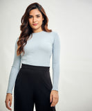 Long Sleeve Round Neck Rib Top- Pale Blue