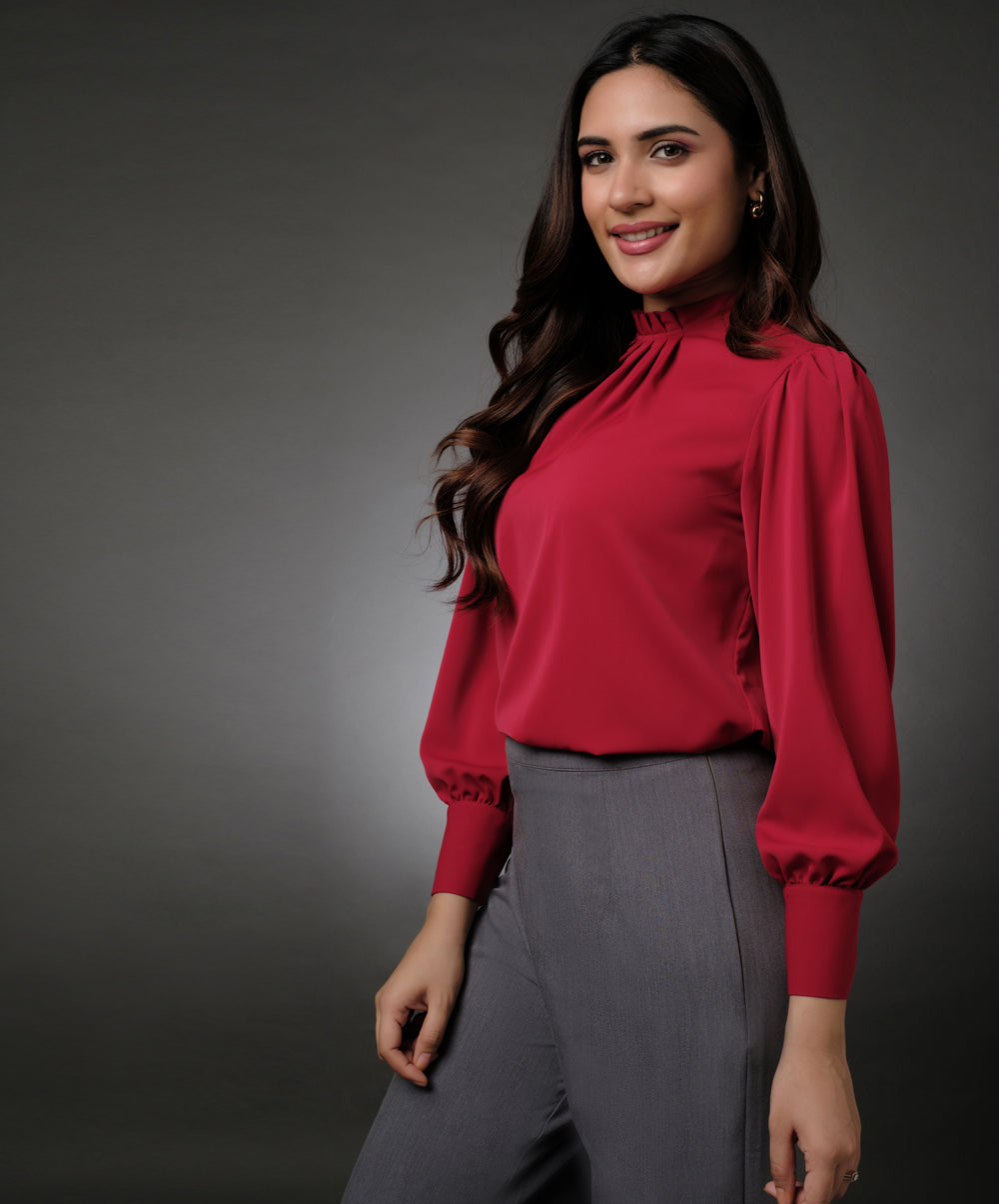 Neck Pleated Red Top With A Sleeve Cuff