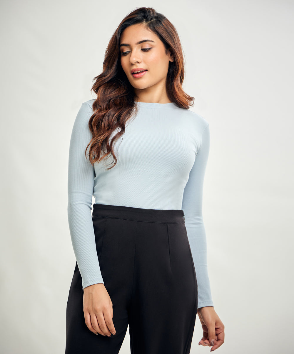 Long Sleeve Round Neck Rib Top- Pale Blue