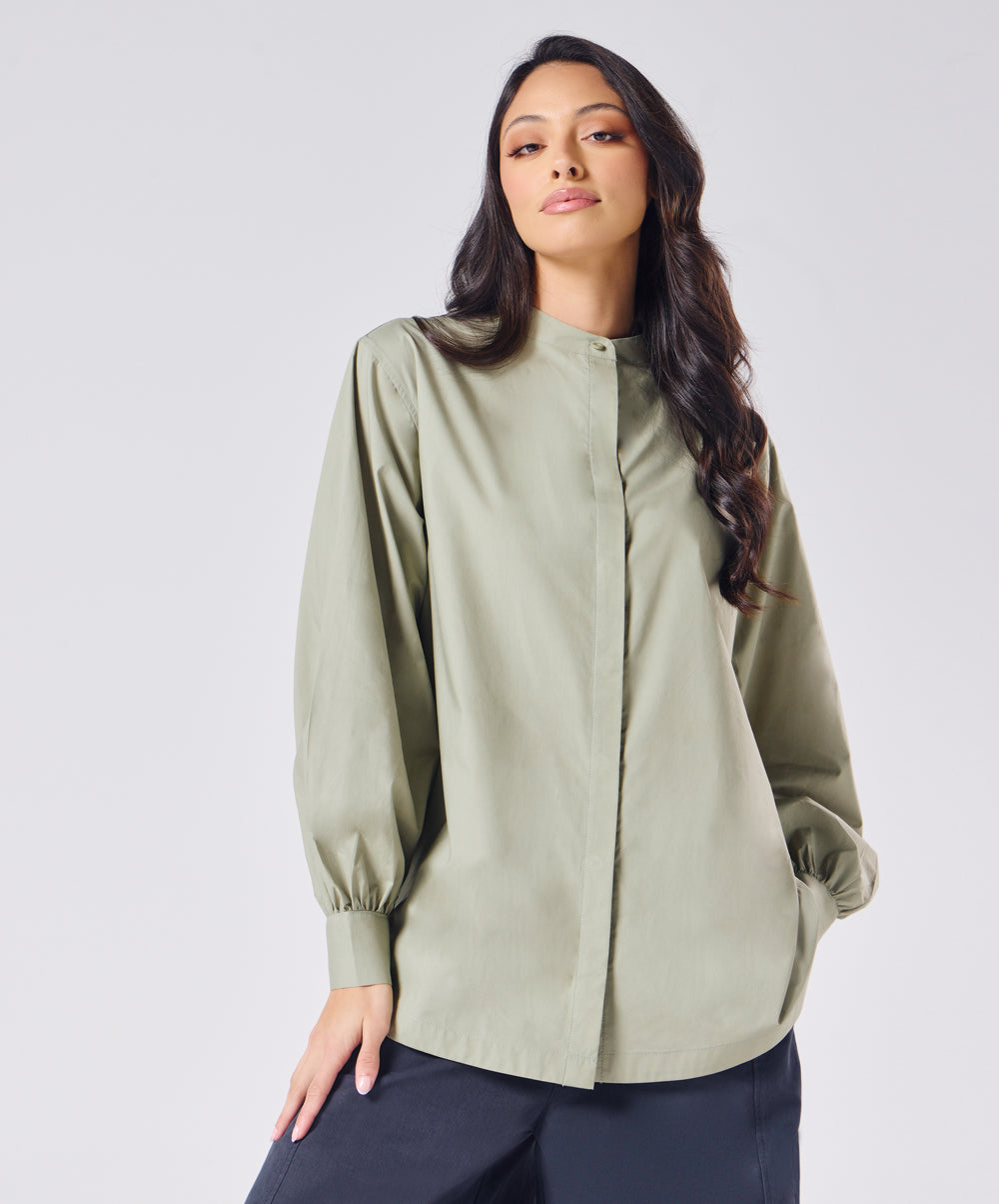 Mandarin  Collar Cotton Oversized Shirt- Light Grey