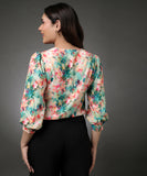 Printed Detailed Pleating Attached Chiffon Top