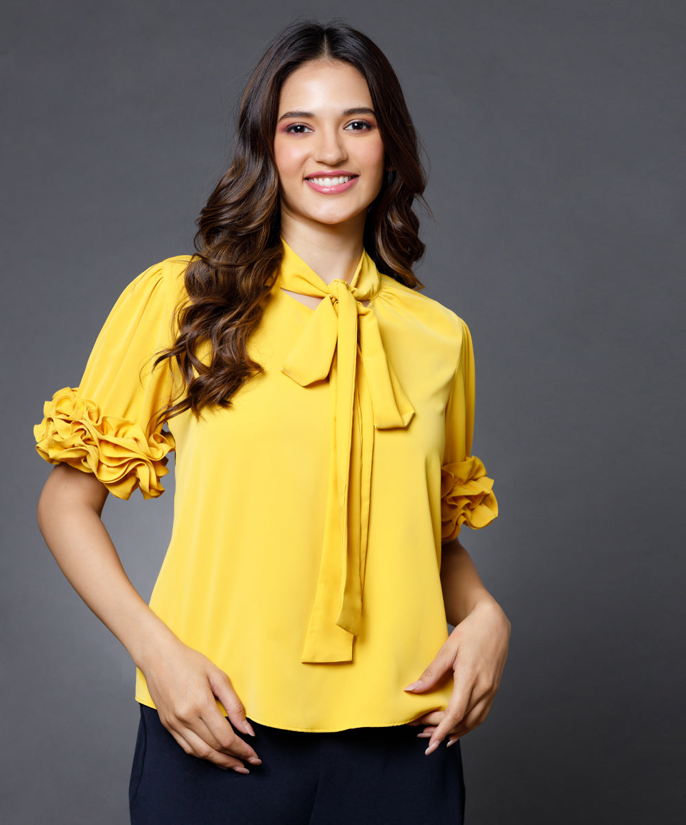 Sleeve Detailed Neck Tie Yellow Top