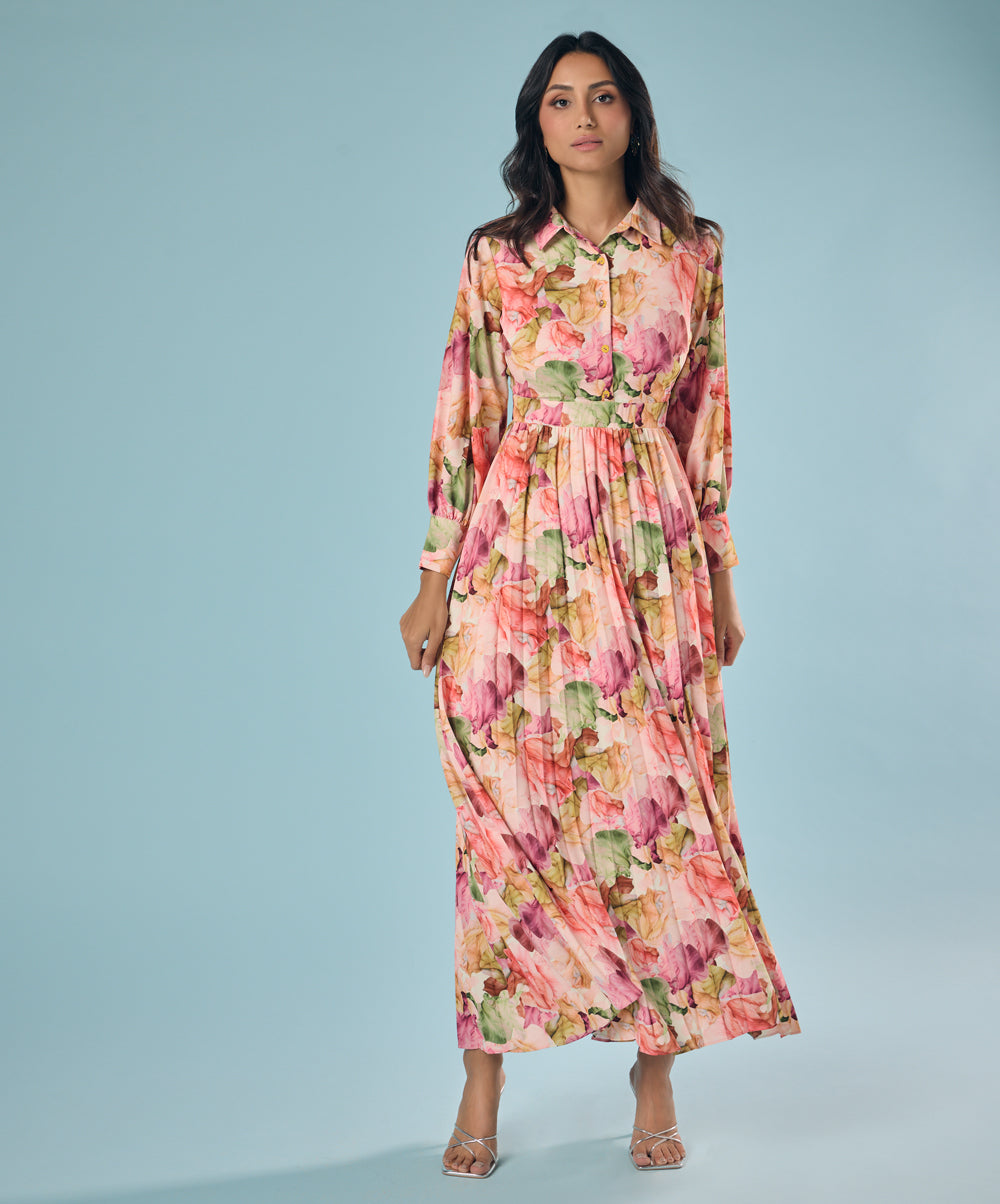 Pleated Printed Chiffon Shirt Dress