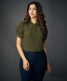 Neck Frilled Front Buttoned Olive Top