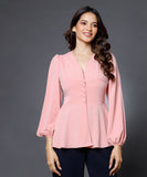 Solid Chiffon V Neck Front Slit Hem Blouse