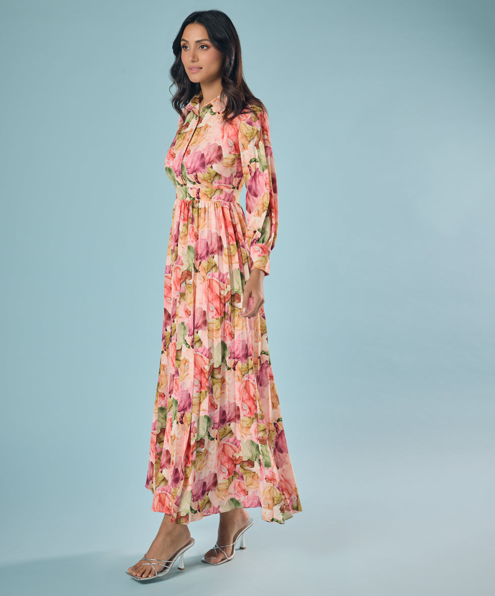 Pleated Printed Chiffon Shirt Dress